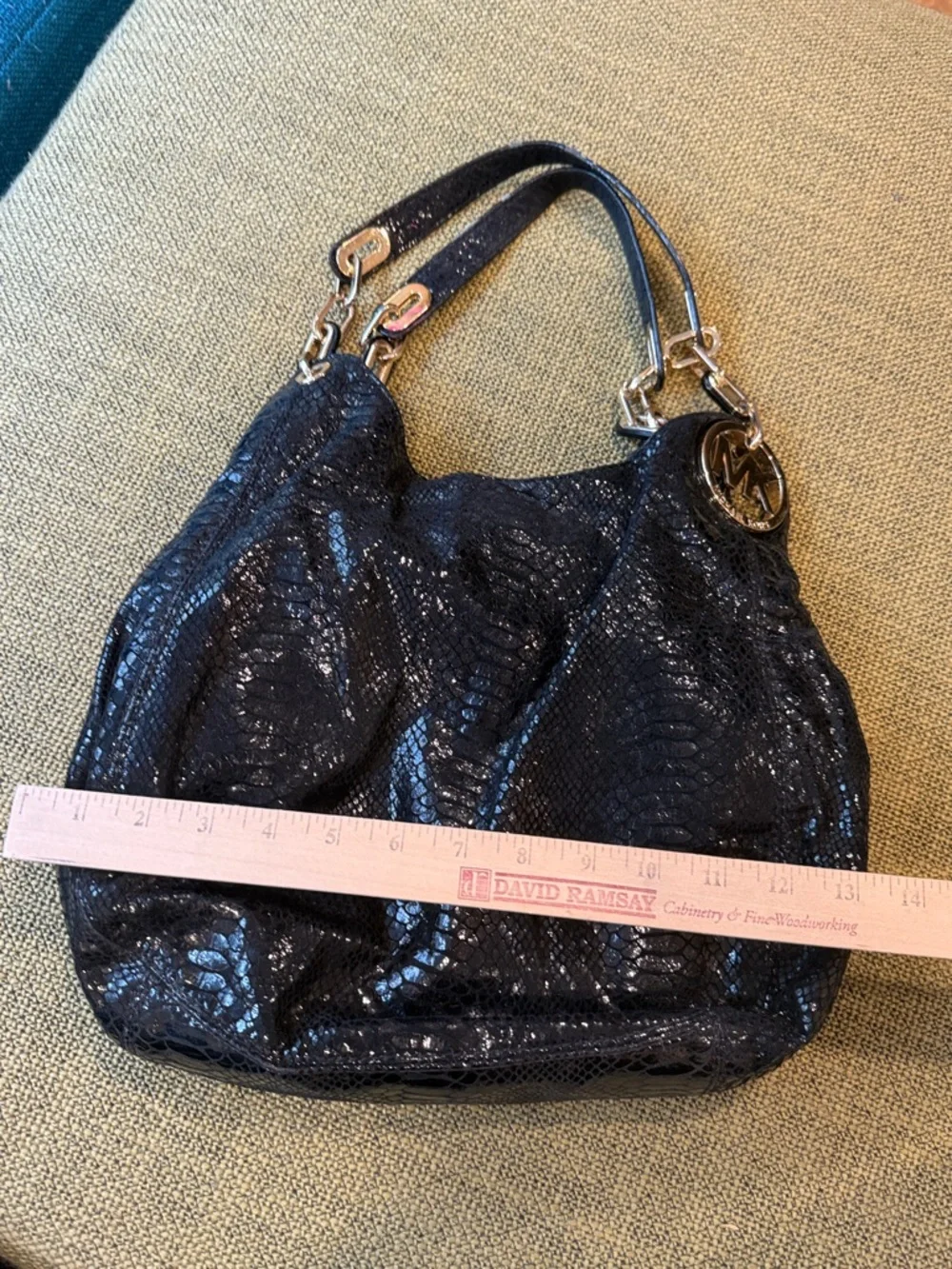 *Michael Kors Black Glossy Shimmery Snakeskin-Texture Shoulder Bag - Picture 5 of 11